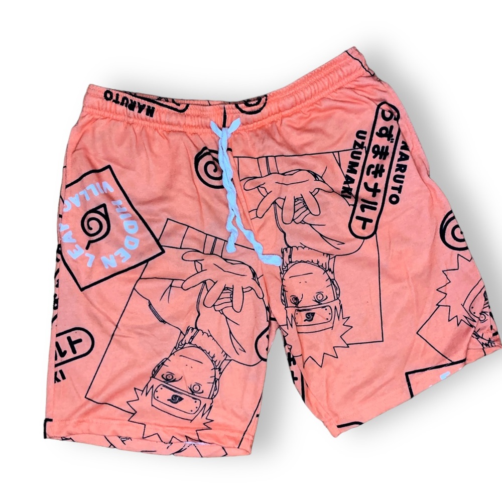Hidden Village Mens Medium Naruto Uzumaki Drawstring Shorts Leaf Village Orange